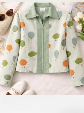 Light Green Tree-Print Zip Front Jacket -  Tapp New York